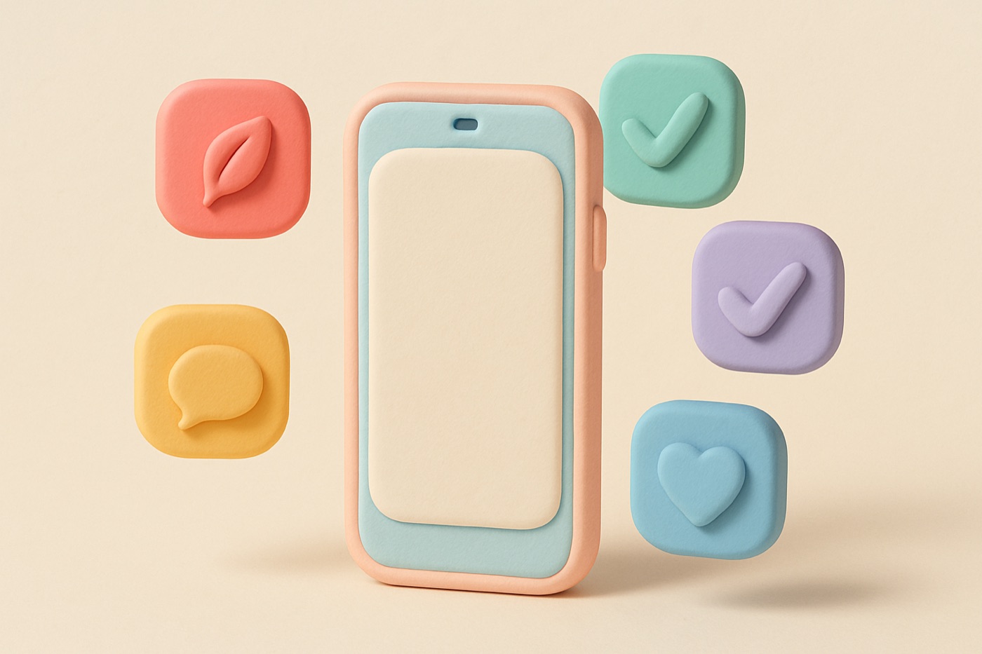 Clay-style illustration of a phone surrounded by colorful rounded app tiles with a leaf, a heart, a speech bubble and check marks