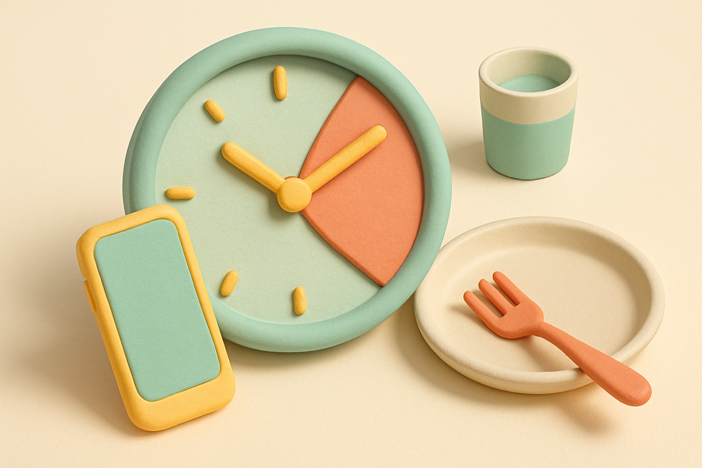 Clay-style illustration of a clock with a shaded eating window next to an empty plate, a fork, a cup of water and a phone