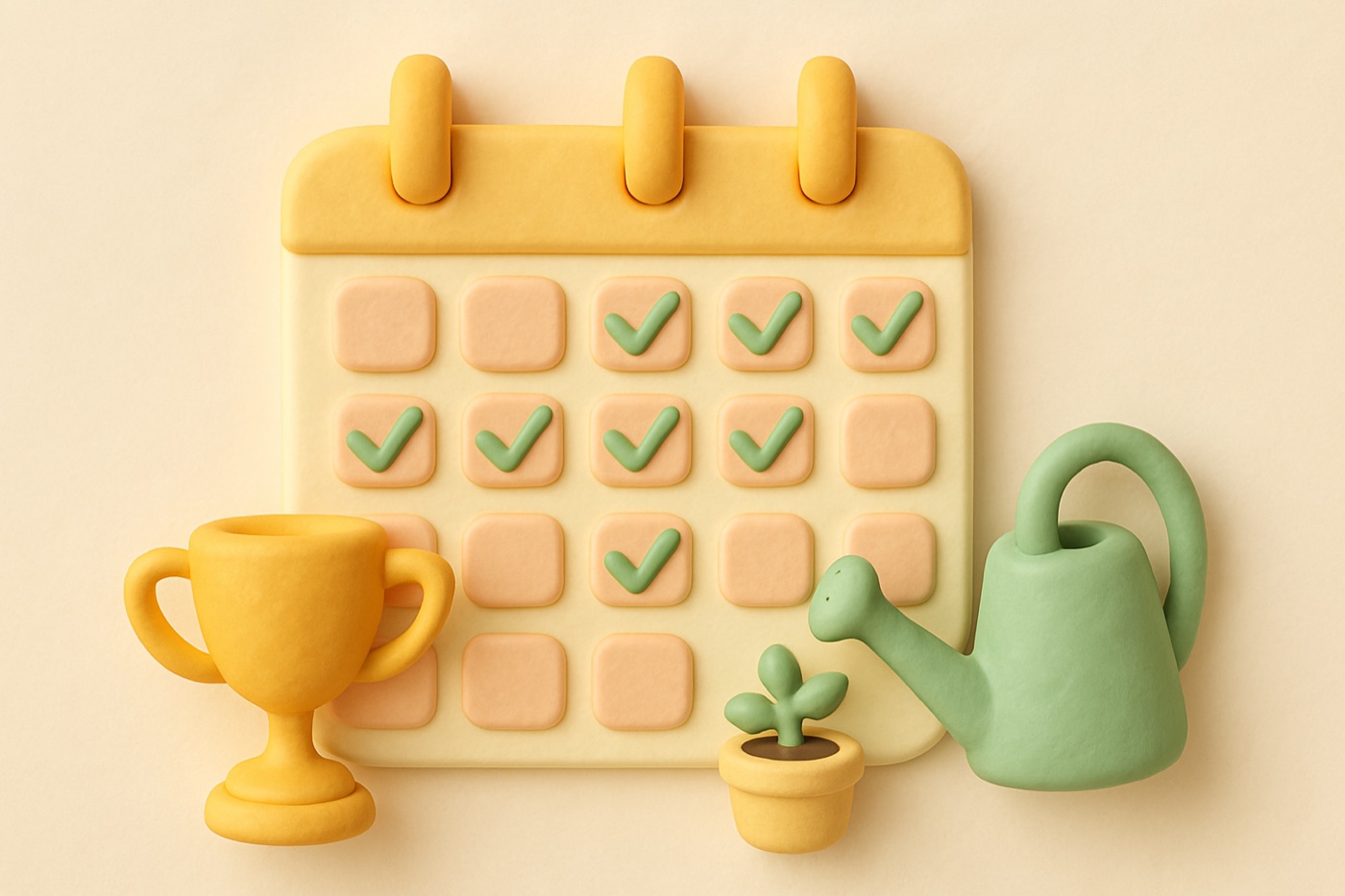 Clay-style illustration of a calendar with green check marks, a small trophy and a watering can growing a plant